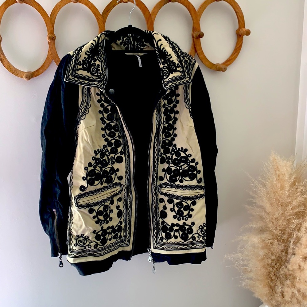 Black and off white embroidered Free People jacket